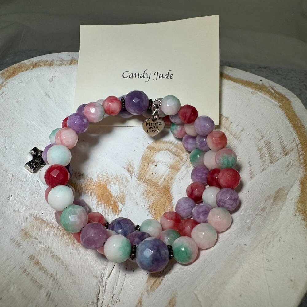 Handmade Candy Jade stones Rosary Wrap Beaded Bracelet With Cross & Heart Charms - Picture 2 of 8